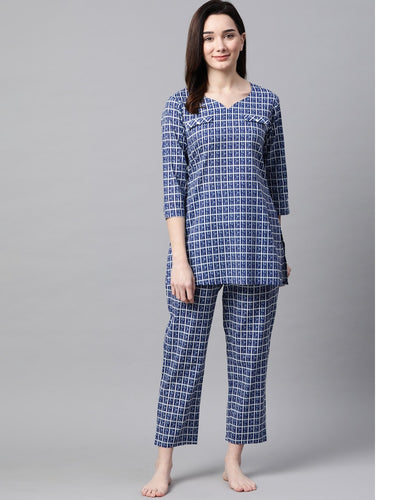 Navy Blue Checks Printed Night Suit