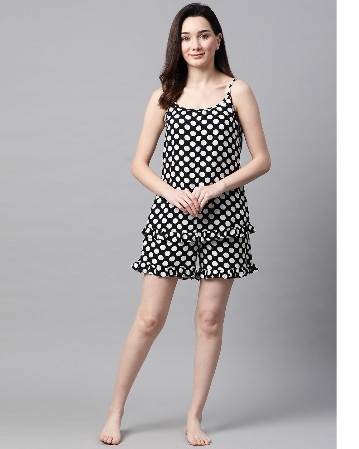 Black and White Polka Dots Printed Night Suit