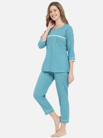 Aqua Blue Printed Night Suit