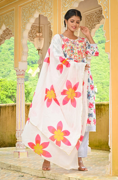 White Floral Print Embroidered Kurta Set with Dupatta