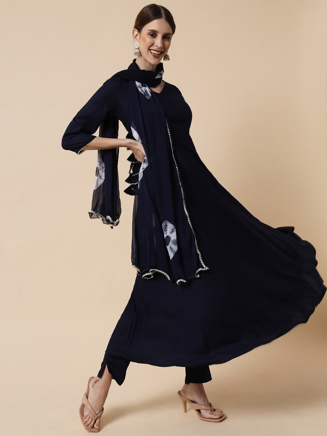 Midnight Blue Flared Suit Set with Dupatta