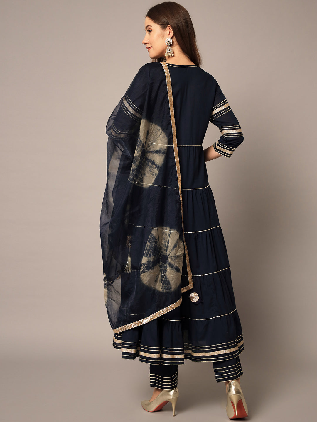 Navy Blue Tier Embroidered Kurta Pants Set with Dupatta