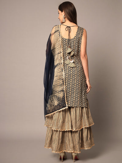 Blue and Beige Floral Kurta Sharara Set with Dupatta