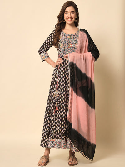 Black and Pink Flared Ethnic Maxi Dress with Dupatta