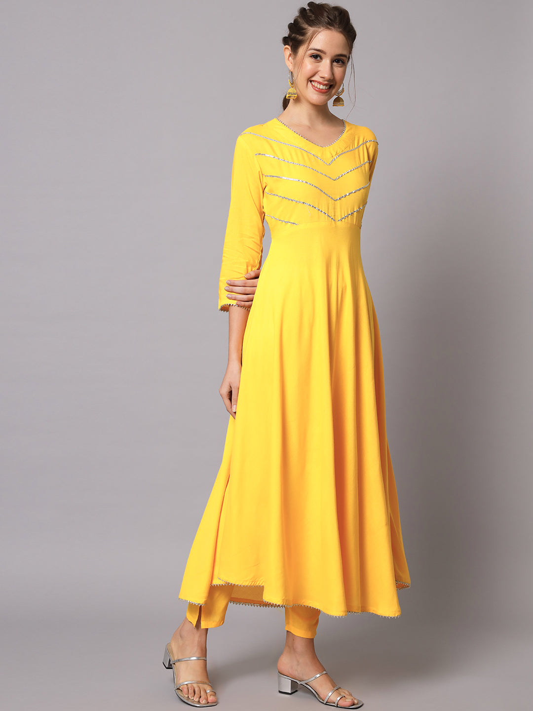 Yellow Yoke Design Flared Kurta Set with Dupatta