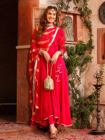 Conjunto de traje Anarkali rojo frambuesa con Dupatta