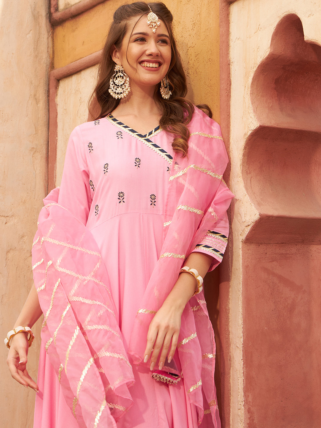 Blush Pink Embroidered Flared Suit Set with Dupatta