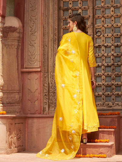 Conjunto de traje Anarkali bordado amarillo con Dupatta