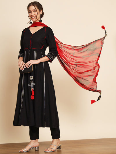Black and Red Flared Suit Set with Dupatta