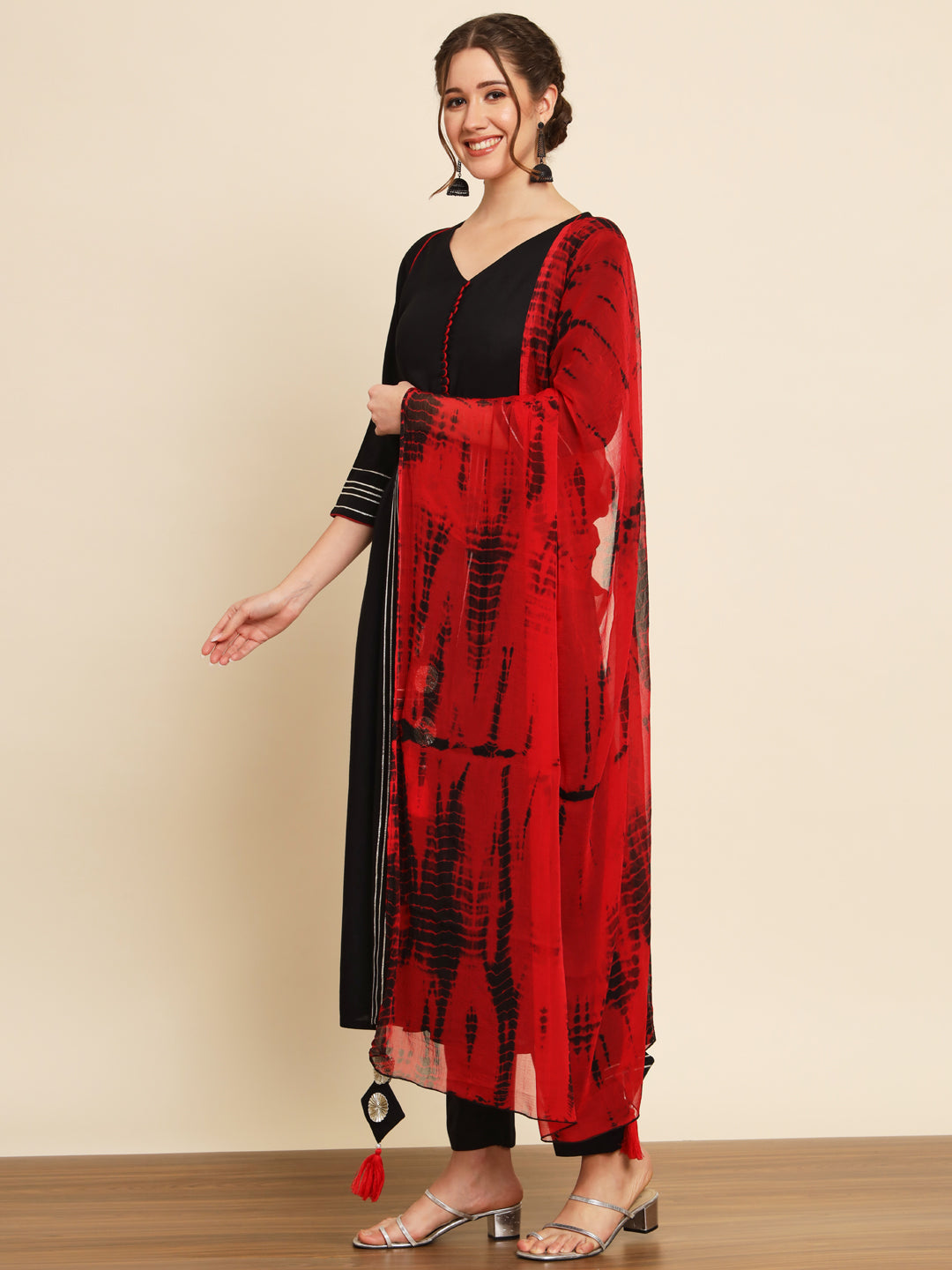 Black and Red Flared Suit Set with Dupatta