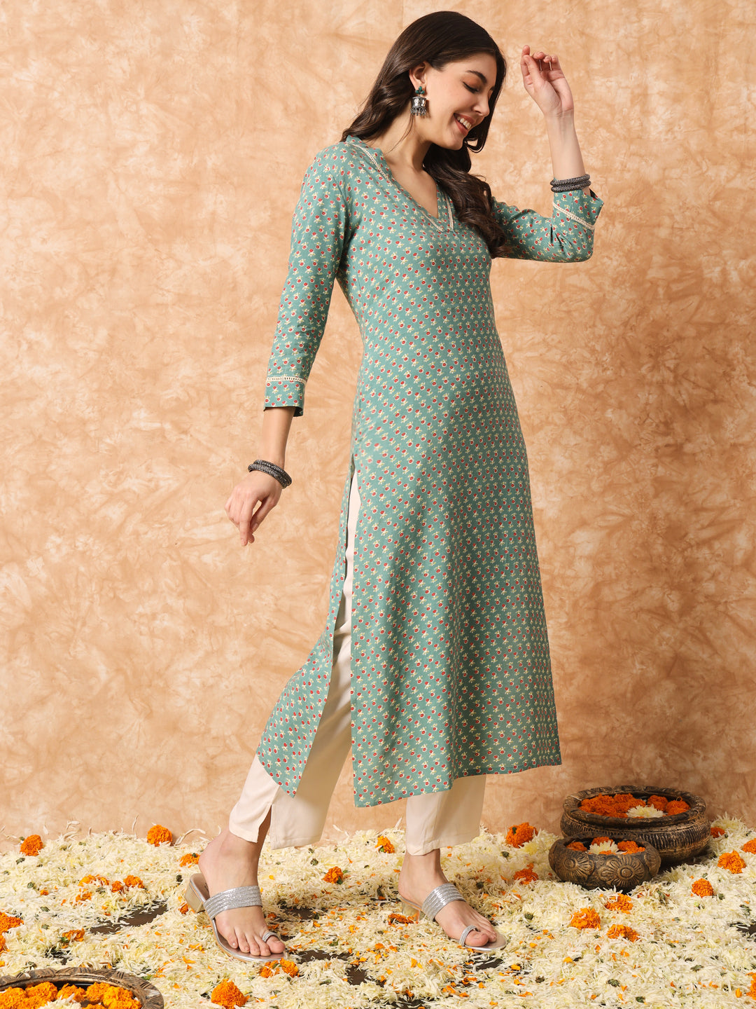 Sage Green and Off White Floral Printed Kurta Set