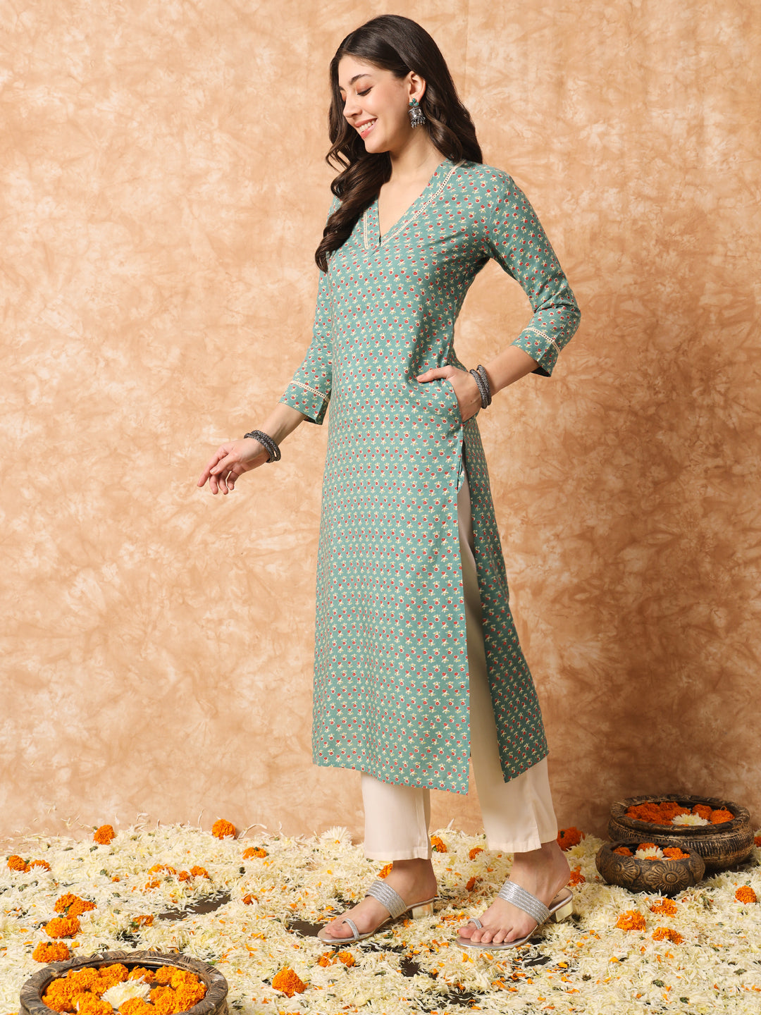 Sage Green and Off White Floral Printed Kurta Set