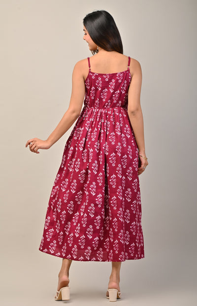 Maroon and White Ethnic Floral Print Midi Dress