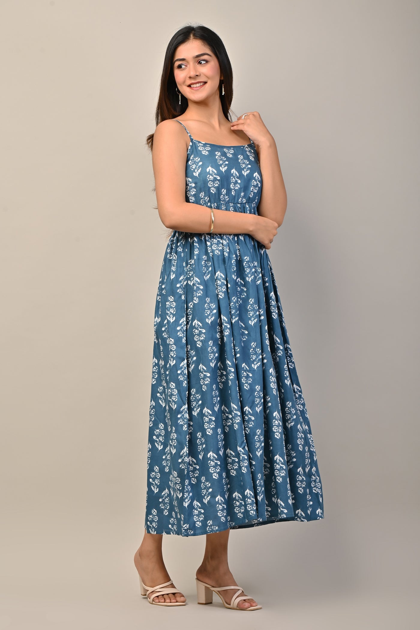 Sky Blue and White Ethnic Floral Print Midi Dress