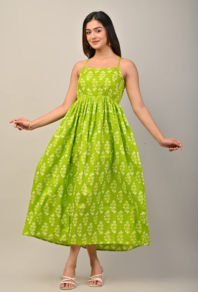 Parrot Green and White Ethnic Floral Print Midi Dress