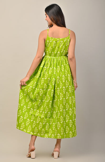 Parrot Green and White Ethnic Floral Print Midi Dress