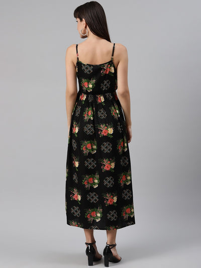 Black Abstract Floral Printed Midi Dress
