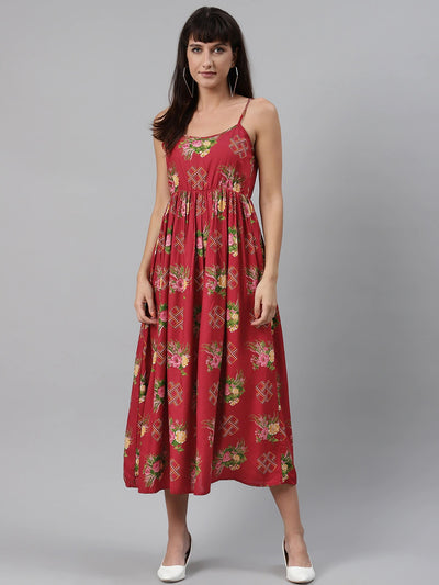 Red Abstract Floral Printed Midi Dress