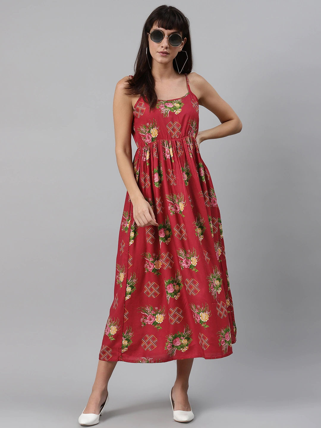 Red Abstract Floral Printed Midi Dress