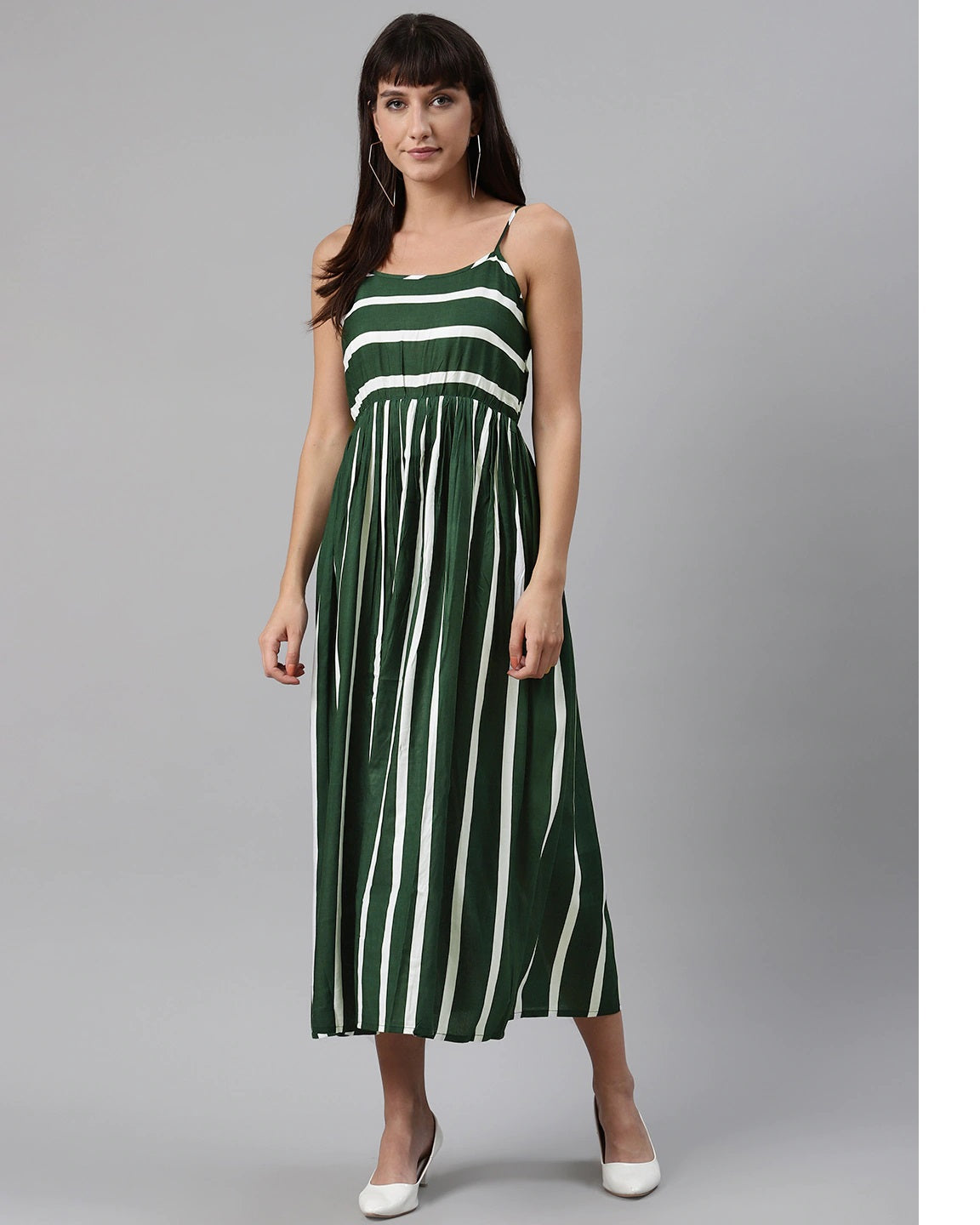 Green Striped Printed Midi Dress