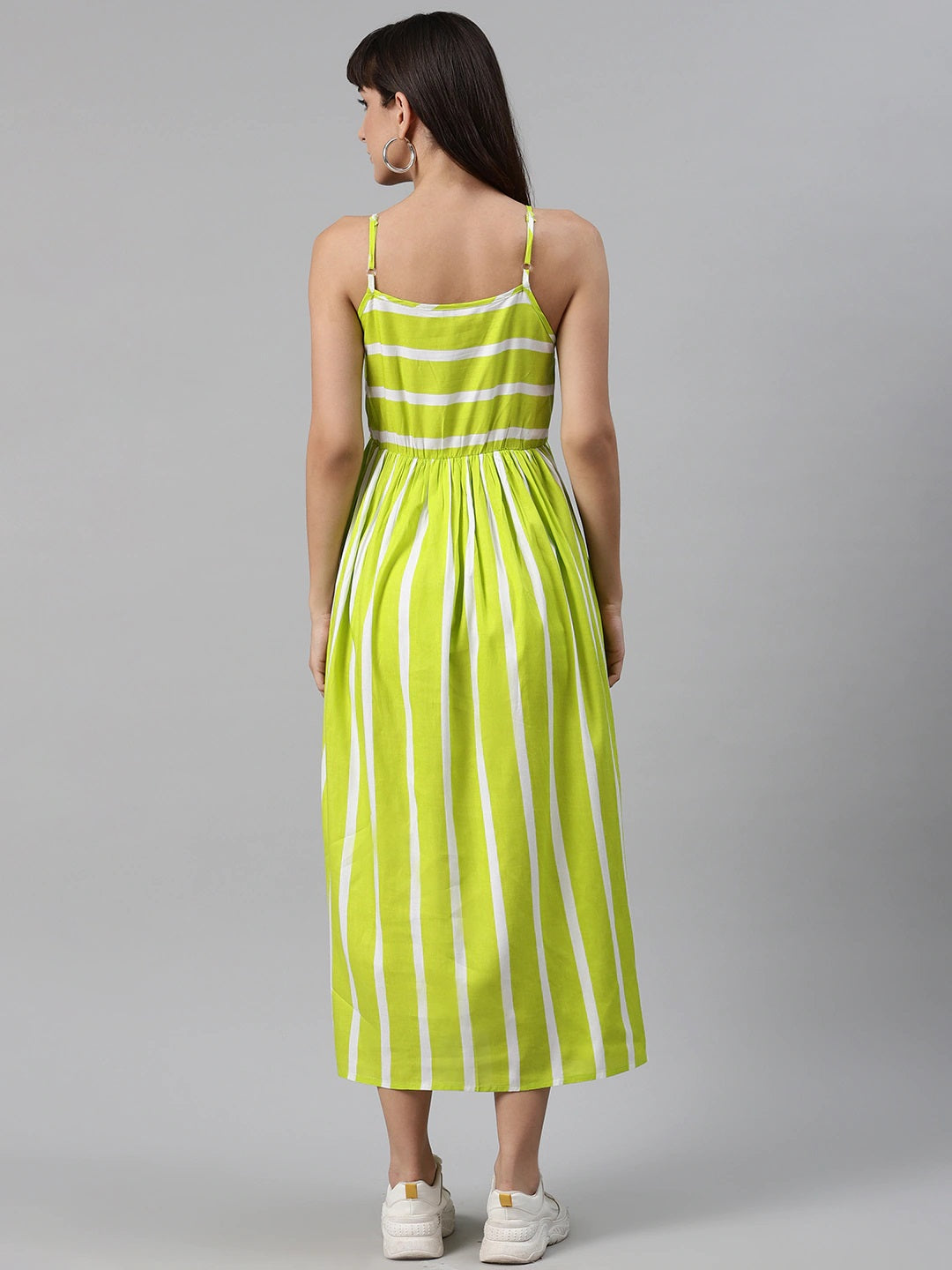 Neon Green Striped Printed Midi Dress