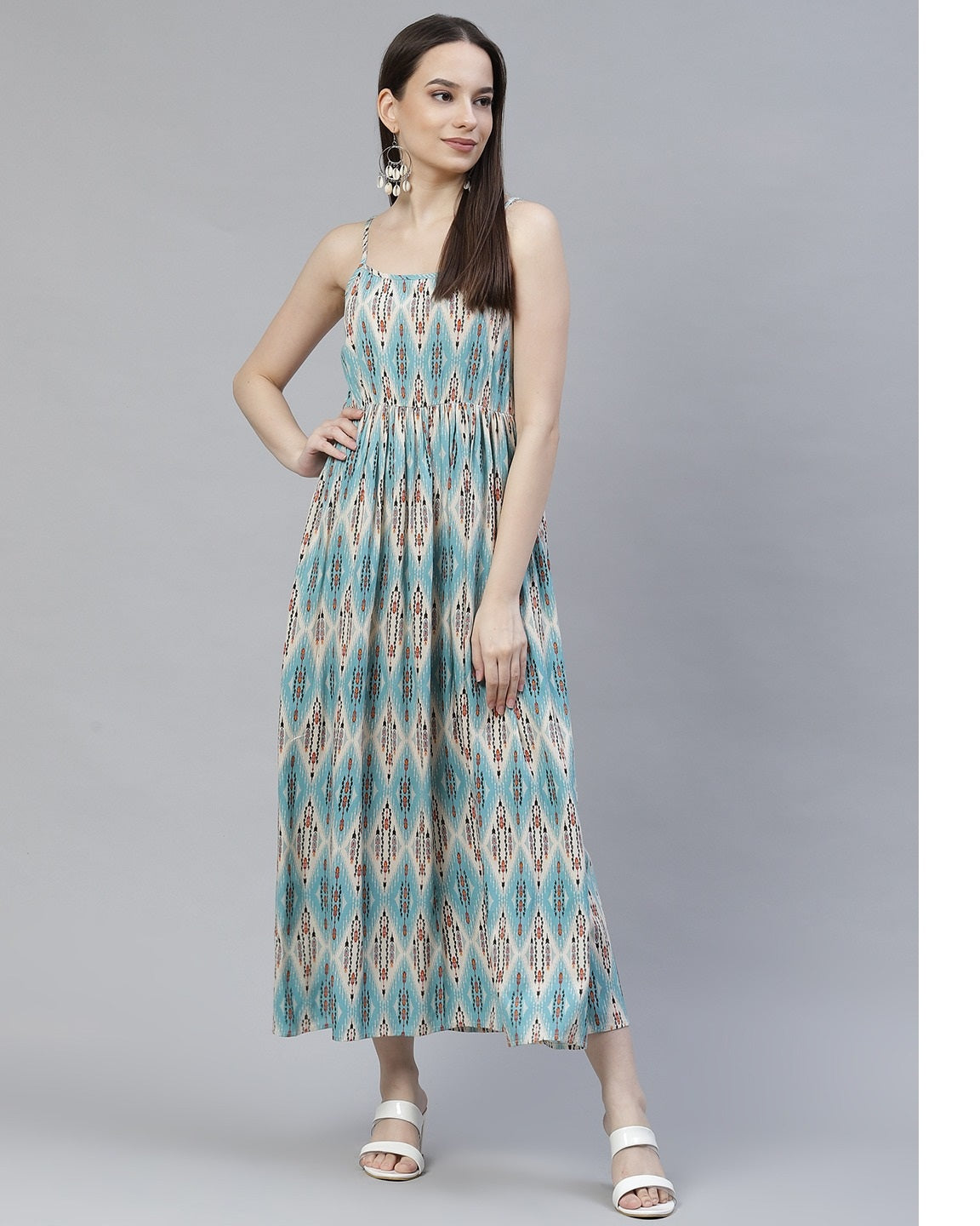 Sky Blue Ethnic Printed Midi Dress