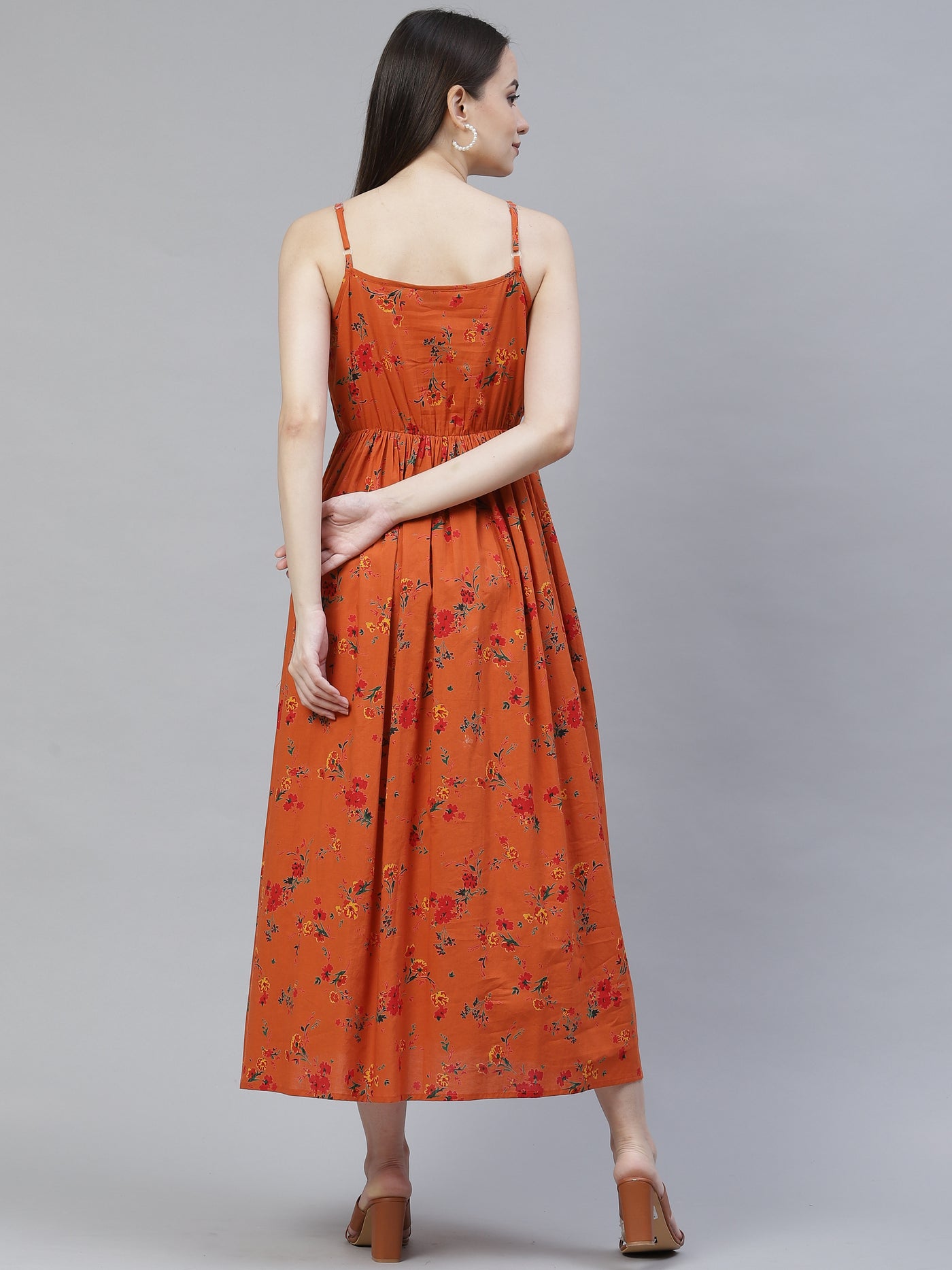 Orange Floral Printed Midi Dress