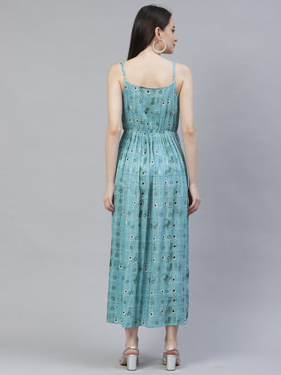 Turquoise Blue Ethnic Printed Midi Dress