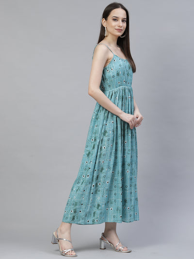Turquoise Blue Ethnic Printed Midi Dress