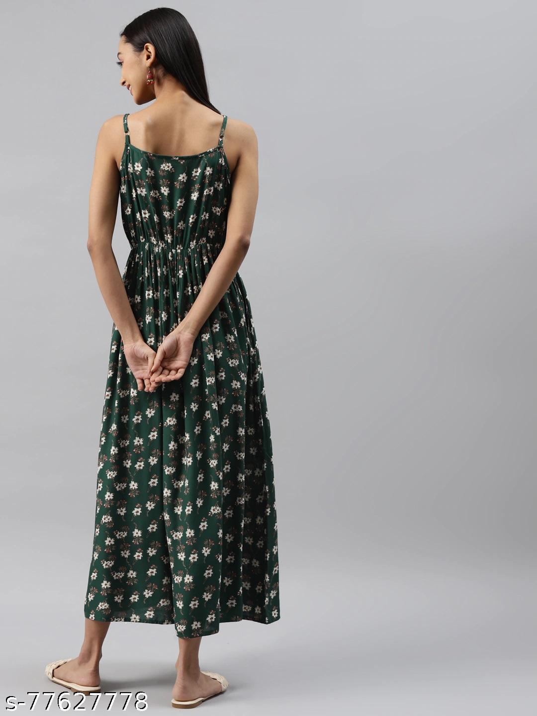 Dark Green Floral Printed Midi Dress