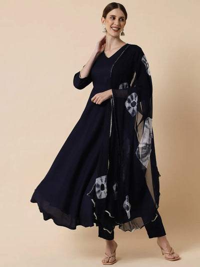 Midnight Blue Flared Suit Set with Dupatta