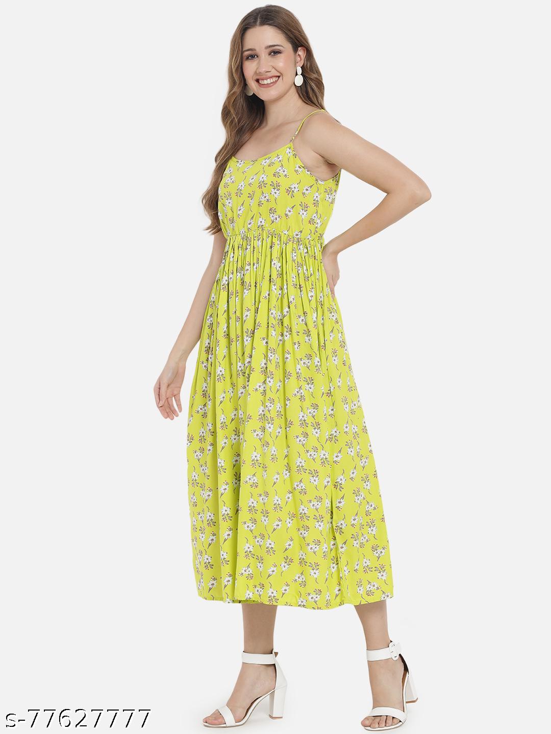Neon Green Floral Printed Midi Dress