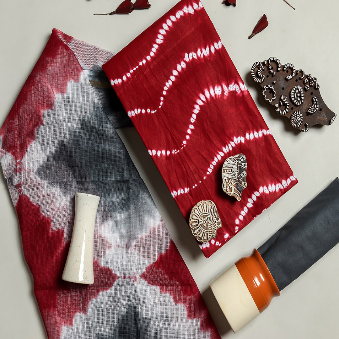 Shibori Hand Print cotton suit set with Kota Dorriya Duppata